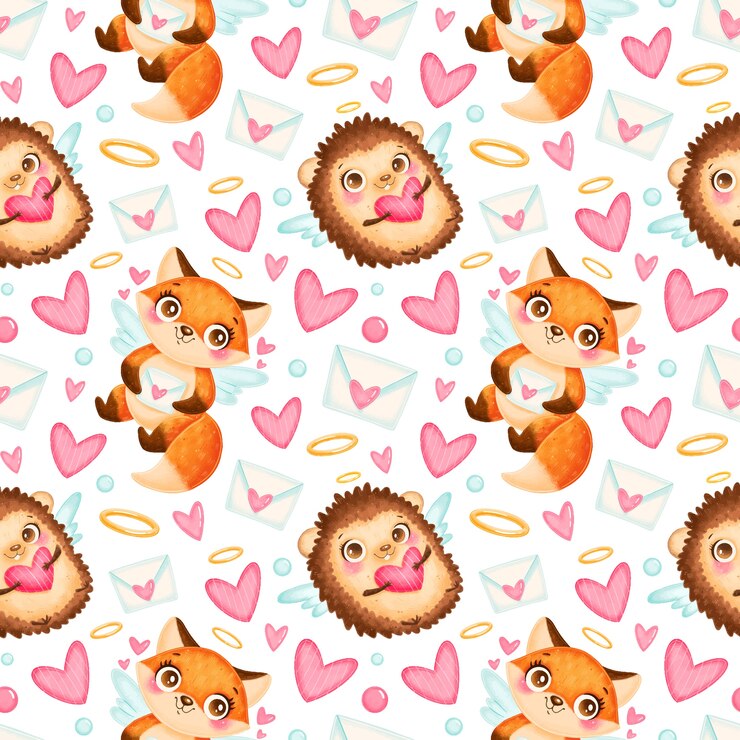 Padrão sem emenda de animais do dia dos namorados. Padrão sem emenda de cupidos de raposa e ouriço bonito dos desenhos animados.