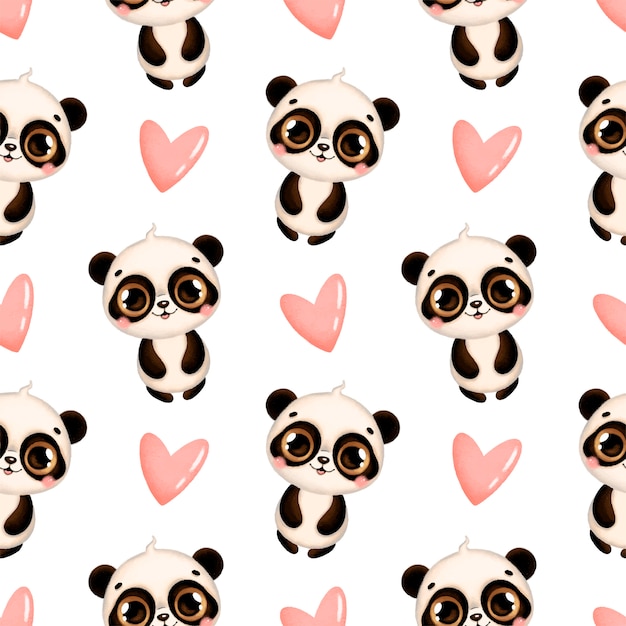 Padrão sem emenda de animais tropicais bonito dos desenhos animados. Panda e rosa corações padrão sem emenda.