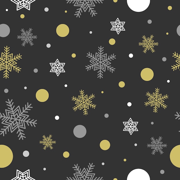 Padrão sem emenda de ano novo com flocos de neve em tons de ouro, cinza e branco em um fundo cinza.