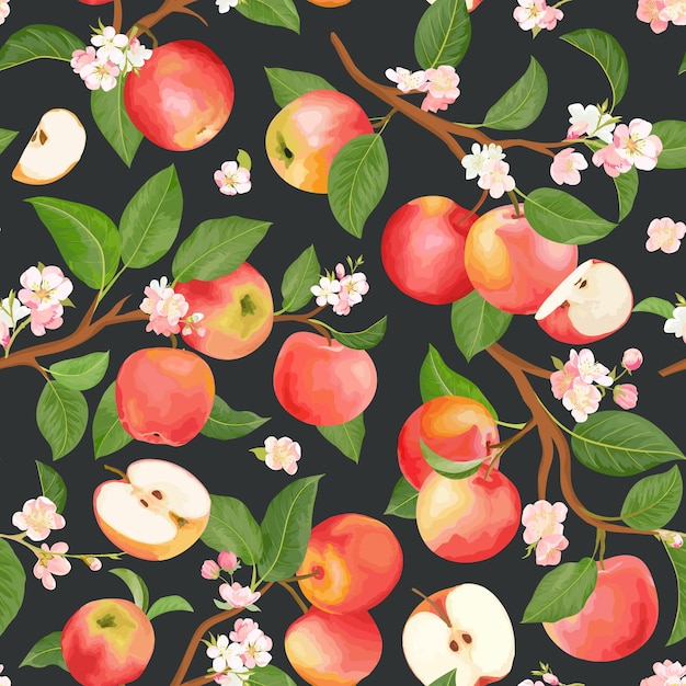 Padrão sem emenda de aquarela floral apple. Frutos de outono de vetor, flores, textura de folhas. Fundo botânico de verão, papel de parede da natureza, tecido da moda boho, papel de embrulho de outono