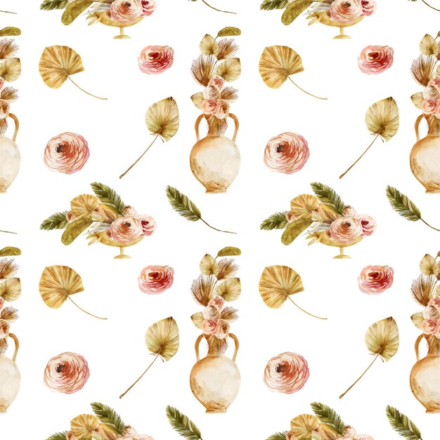 padrão sem emenda de aquarela vasos antigos com folhas de palmeira secas e flores boho