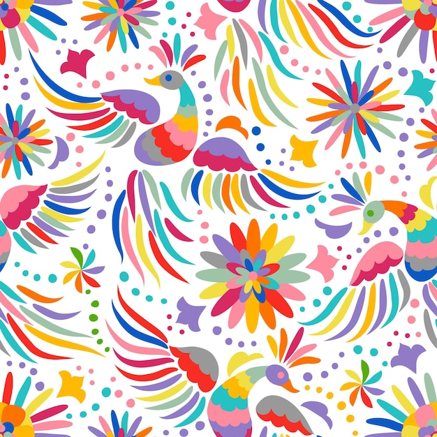Vetor padrão sem emenda de arco-íris mexicano com pássaros e flores