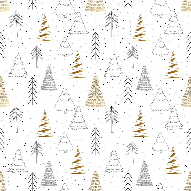 Padrão sem emenda de árvore de Natal Ilustração em vetor árvore dourada e preta Esboço de doodle desenhado à mão