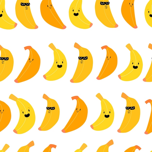 Padrão sem emenda de banana kawaii fofa fruta com padrão de sorriso ilustração em vetor de estoque