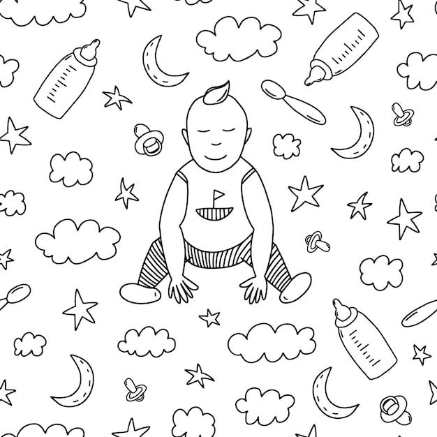 Padrão sem emenda de bebê fofo em fundo branco padrão de doodle de criança vetorial
