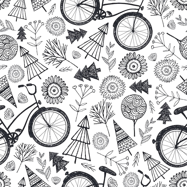 Padrão sem emenda de bicicleta com árvores, flores, flores. preto e branco, fundo de doodle desenhado à mão