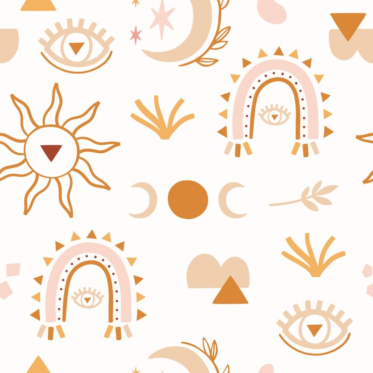 Vetor padrão sem emenda de boho abstrata com luna, arco-íris.