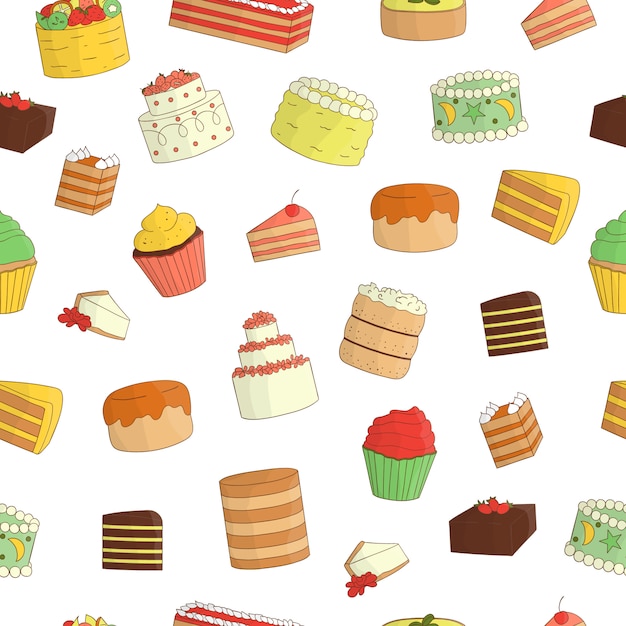 padrão sem emenda de bolos coloridos. Textura de repetição colorida de produtos de panificação doce. Desenho brilhante de bolos de aniversário