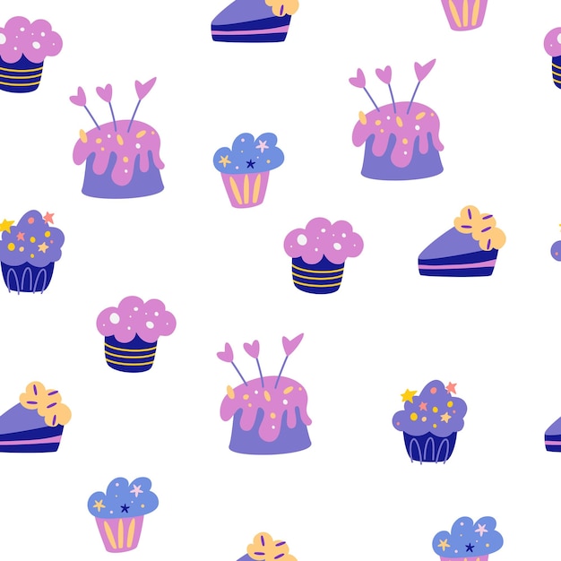 Padrão sem emenda de bolos de creme de aniversário. bolos de muffins e velas. plano de fundo para tecido, papel de embrulho, têxteis, papel de parede e vestuário. cartões, convites. mão desenhar ilustração vetorial.