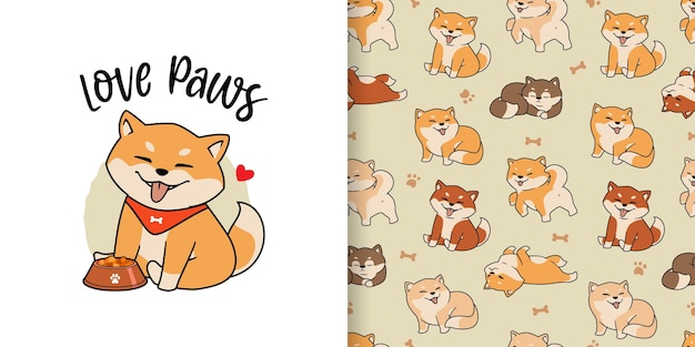 Padrão sem emenda de cães bonitos shiba inu desenhada de mão.