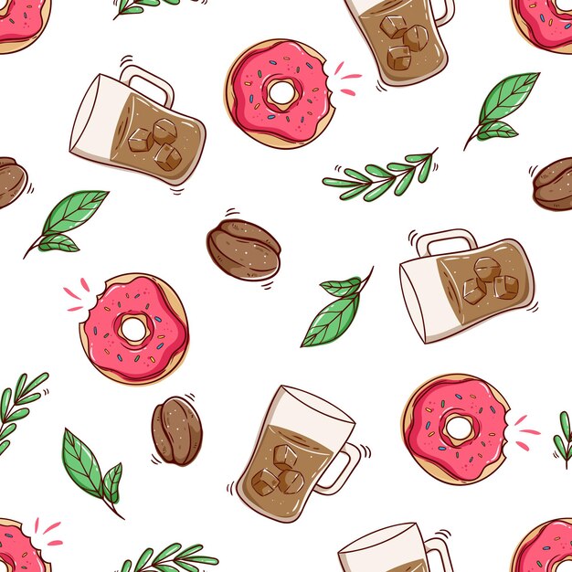 padrão sem emenda de café gelado e donut com estilo doodle