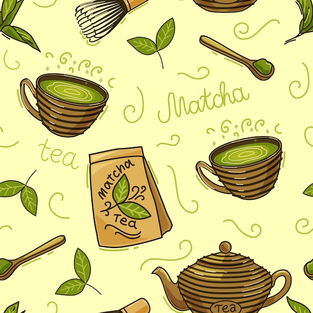 Vetor padrão sem emenda de chá matcha.