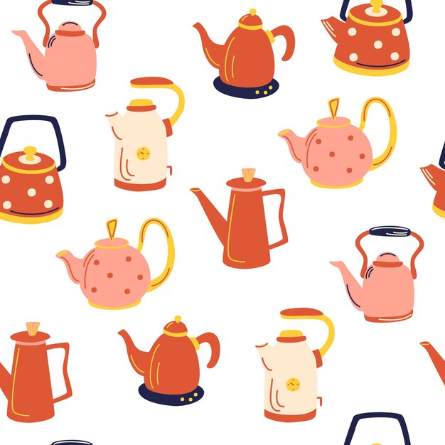 Padrão sem emenda de chaleiras de cozinha. Bules de vidro, elétricos e de cerâmica. Utensílio, fundo de cozinha escandinavo. Utensílios de cozinha. Mão desenhar ilustração vetorial.