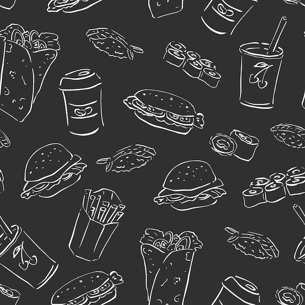 Padrão sem emenda de comida para viagem de fast food vetor desenhado à mão doodle burgersushicoffeerolls linhas de arte