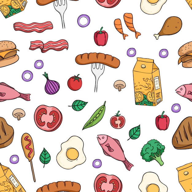 Vetor padrão sem emenda de comida saudável café da manhã com estilo doodle colorido