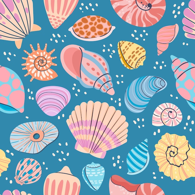 Vetor padrão sem emenda de concha. impressão do oceano de verão com conchas, ostras, vieiras e mariscos. papel de parede de vetor de conchas de molusco marinho. vida selvagem subaquática em fundo azul escuro