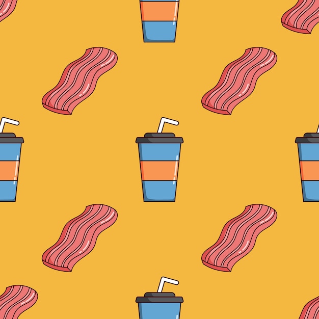 Padrão sem emenda de copo de papel de bacon e refrigerante com estilo doodle