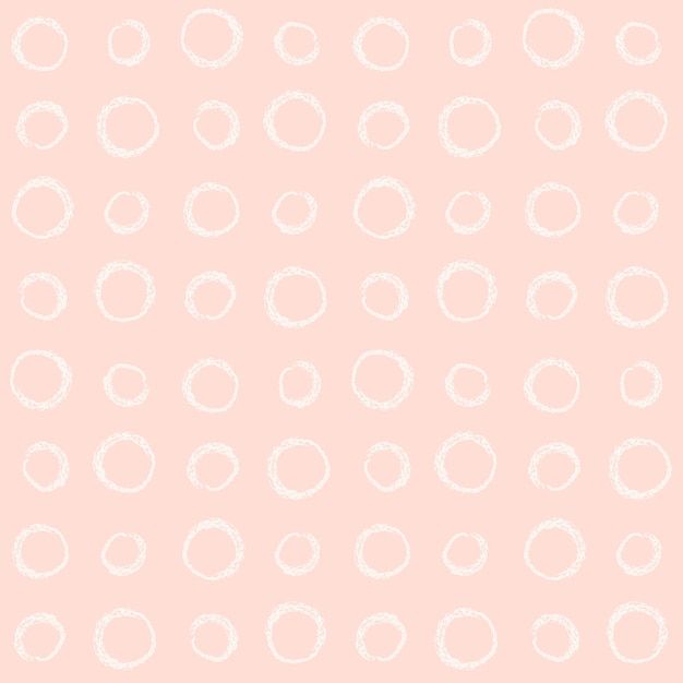 Padrão sem emenda de cor pastel com círculos brancos grunge em fundo rosa vetor giz rabisco textura de bolinhas femininas para tecido de embrulho de papel de cobertura de superfície pano de papel de parede