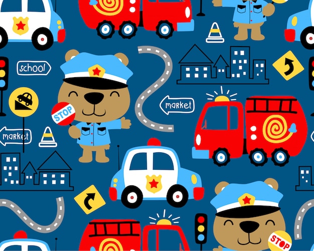 padrão sem emenda de desenhos animados de veículos com policial engraçado