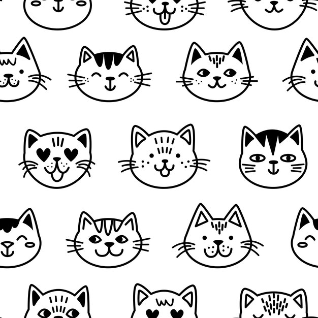 Padrão sem emenda de desenhos animados na moda com rostos de gato doodle bonito. ilustração em vetor engraçado para crianças.