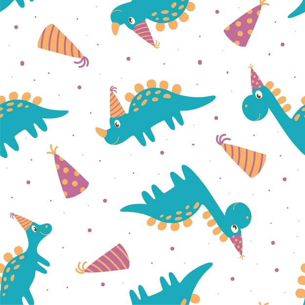 Padrão sem emenda de dinossauros com chapéu de aniversário. perfeito para design infantil, tecido, embalagem, papel de parede, têxtil, decoração de casa.