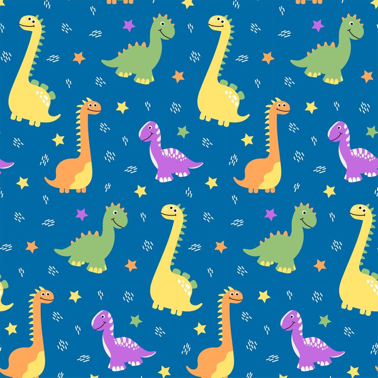 Padrão sem emenda de dinossauros multicoloridos sobre fundo azul com estrelas no estilo cartoon. Para têxteis, cartões postais, design.