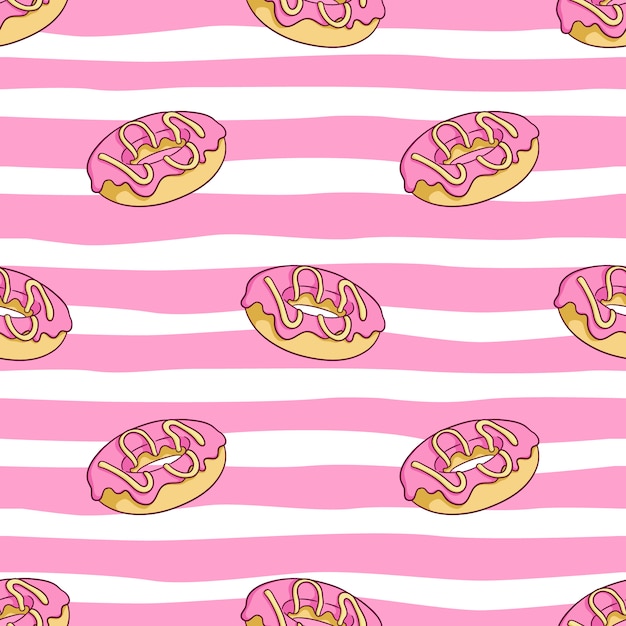 Padrão sem emenda de donut de morango fofo com estilo colorido doodle