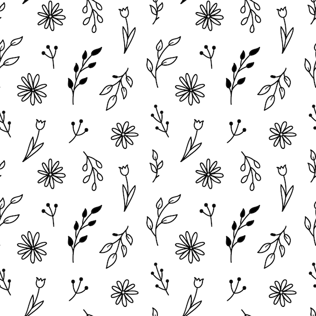 Padrão sem emenda de doodle botânico com pequenas flores e galhos
