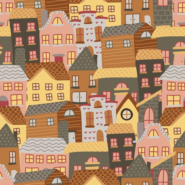 Vetor padrão sem emenda de doodle de casa estilo escandinavo fofo