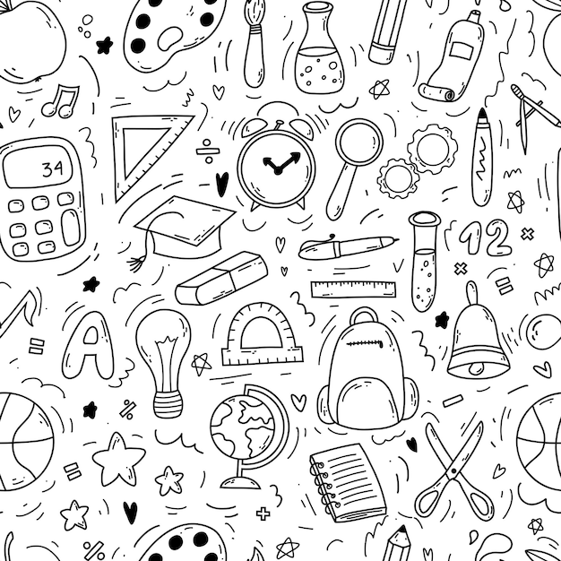 Padrão sem emenda de doodle desenhado à mão com ícones de escola em fundo branco Ilustração em vetor de suprimentos de volta ao conceito de escola para impressão web e artigos de papelaria de design têxtil