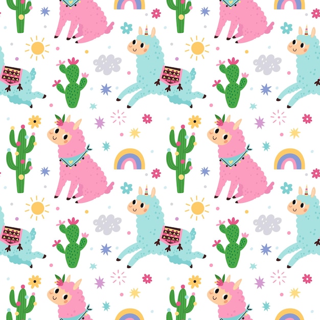 Padrão sem emenda de elementos de lhama bonito Rosa e azul engraçados alpacas e cactos animais fofos na moda isolados no fundo branco Decoração infantil têxtil papel de embrulho papel de parede impressão vetorial ou tecido