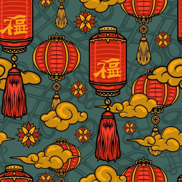 Padrão sem emenda de elementos tradicionais chineses com nuvens de flores de lanternas vermelhas em ilustração de estilo vintage