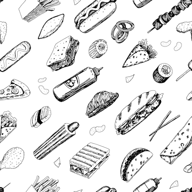 Padrão sem emenda de esboços de fast food. Enfeite de comida deliciosa. Mão-extraídas ilustração vetorial. Design de estilo retro para decoração, papel de parede, plano de fundo, têxteis.
