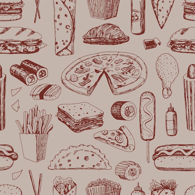 Vetor padrão sem emenda de esboços de fast food. enfeite de comida deliciosa. mão-extraídas ilustração vetorial. design de estilo retro para decoração, papel de parede, plano de fundo, têxteis.