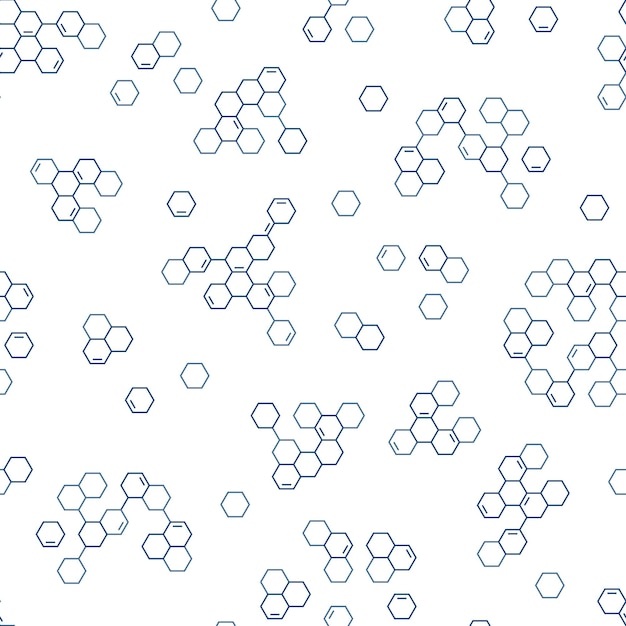 Padrão sem emenda de estrutura molecular hexagonal Ligações químicas Papel de parede científico Formas geométricas abstratas Partículas de favo de mel Pesquisa de bioquímica Células de genoma Fundo vetorial