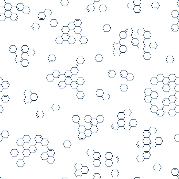 Padrão sem emenda de estrutura molecular hexagonal ligações químicas papel de parede científico formas geométricas abstratas partículas de favo de mel pesquisa de bioquímica células de genoma fundo vetorial