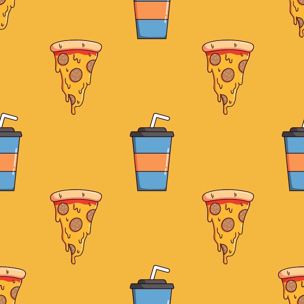 Padrão sem emenda de fatia de pizza e copo de papel refrigerante com estilo doodle