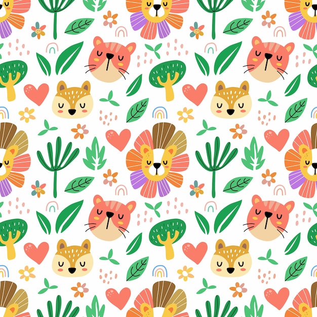 Vetor padrão sem emenda de fauna de flora em estilo doodle. pode ser usado para tecido, etc.