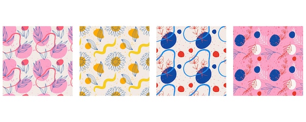 Padrão sem emenda de flores abstratas Linha desenhada à mão flores silvestres e folhas com formas coloridas decoração moderna cores brilhantes fundo botânico Decoração têxtil papel de embrulho papel de parede impressão vetorial