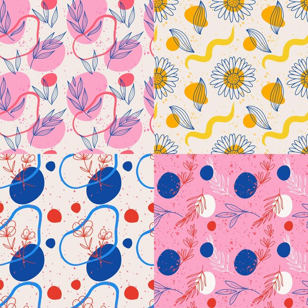 Padrão sem emenda de flores abstratas Linha desenhada à mão flores silvestres e folhas com formas coloridas decoração moderna cores brilhantes fundo botânico Decoração têxtil papel de embrulho papel de parede impressão vetorial