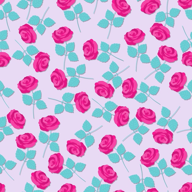 Padrão sem emenda de flores cor de rosa, rosas e folhas. ilustração vetorial plana.