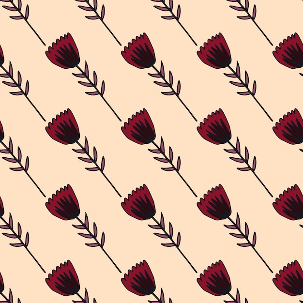 Padrão sem emenda de flores de tulipa de contorno simples com contorno preto. Fundo rosa claro suave. Arte estilizada.