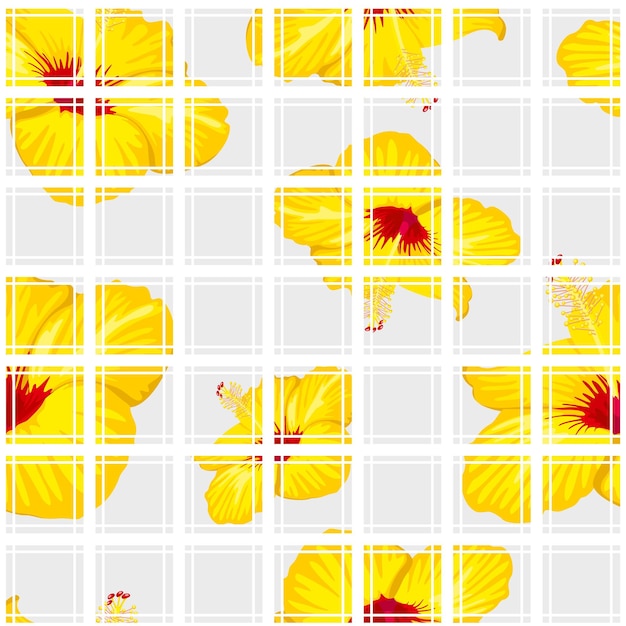 Padrão sem emenda de flores exóticas em xadrez escocês simples orquídea de lírio amarelo design tropical para impressão vetorial de decoração de papel de parede de tecido ilustração de flores exóticas de padrão de fundo sem costura