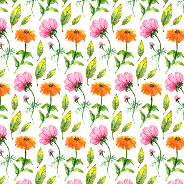 Padrão sem emenda de flores silvestres, aquarela, papoula, centáurea, camomila