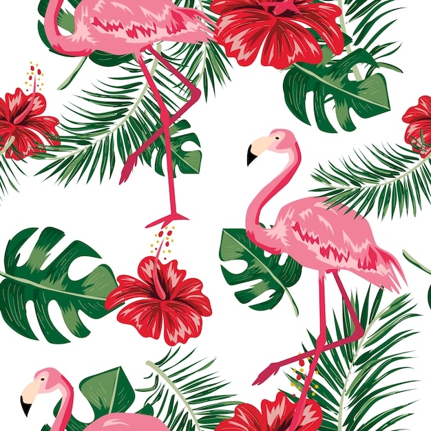 Padrão sem emenda de folha tropical, flor e flamingo.