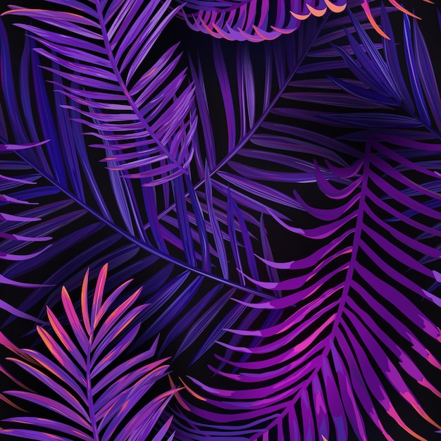 Vetor padrão sem emenda de folhas de palmeira de néon tropical. selva fundo floral colorido roxo. projeto fluorescente de folhagem botânica exótica de verão com plantas tropicais para tecido, tecido da moda, papel de parede. vecto