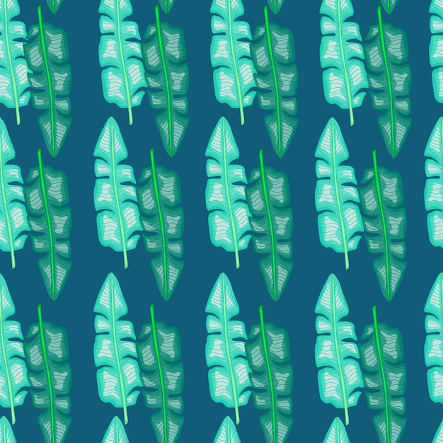 Padrão sem emenda de folhas exóticas de natureza nas cores azuis e turquesas com ornamento de folhas de palmeira. projeto gráfico para embalagem de texturas de papel e tecido. ilustração vetorial.