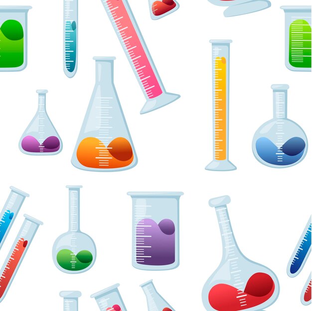 Padrão sem emenda de frascos de química de laboratório com diferentes tamanhos e formas e preenchidos com ilustração vetorial plana de líquido sobre fundo branco.