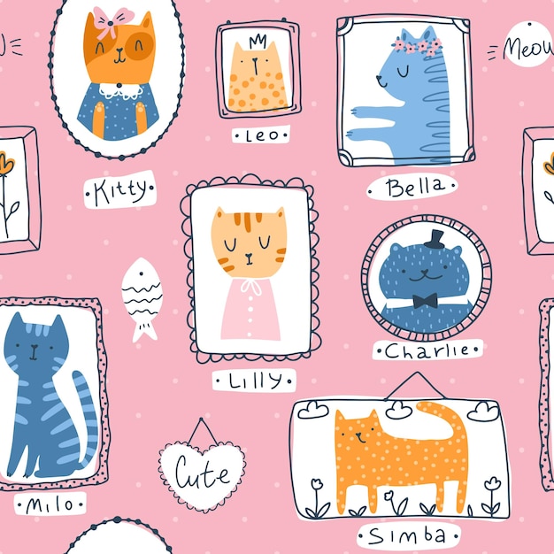 Padrão sem emenda de gatinho. retratos de animais de estimação de gato em estilo infantil de desenho animado escandinavo simples mão desenhada. animais bonitos coloridos do doodle em quadros em um fundo rosa com apelidos.