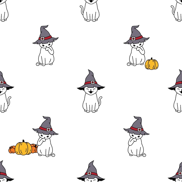 Padrão sem emenda de gato halloween bruxa chapéu abóbora